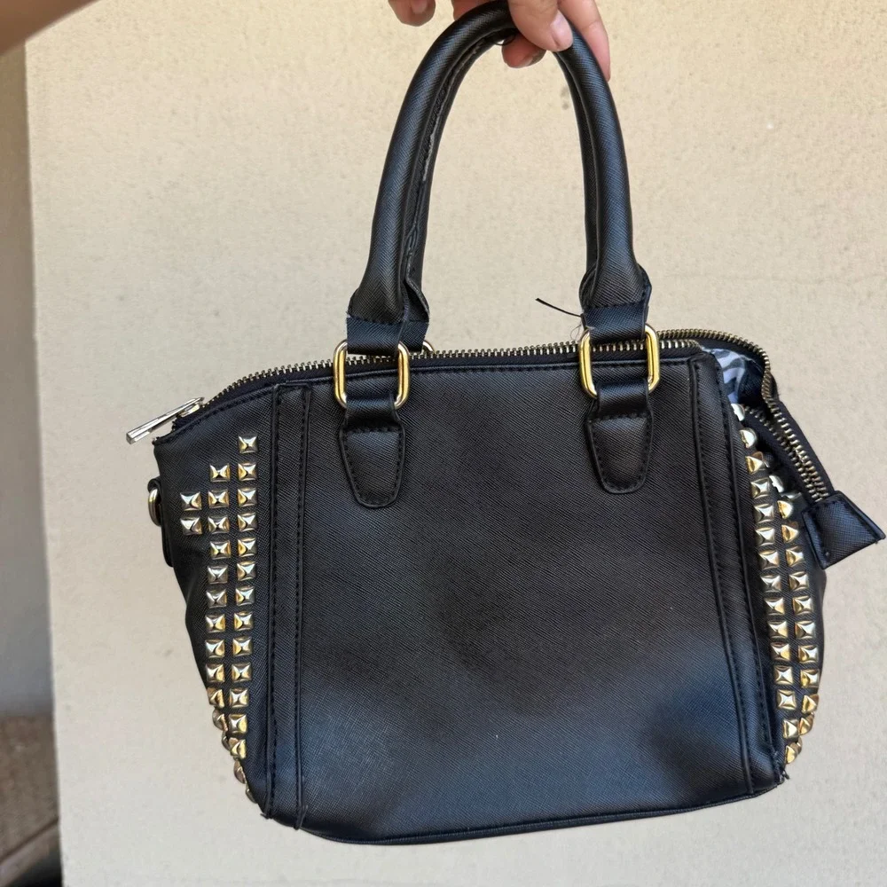Unbranded Black Studded Satchel Handbag Gold Pyramid Studs Zebra Lining Rocker